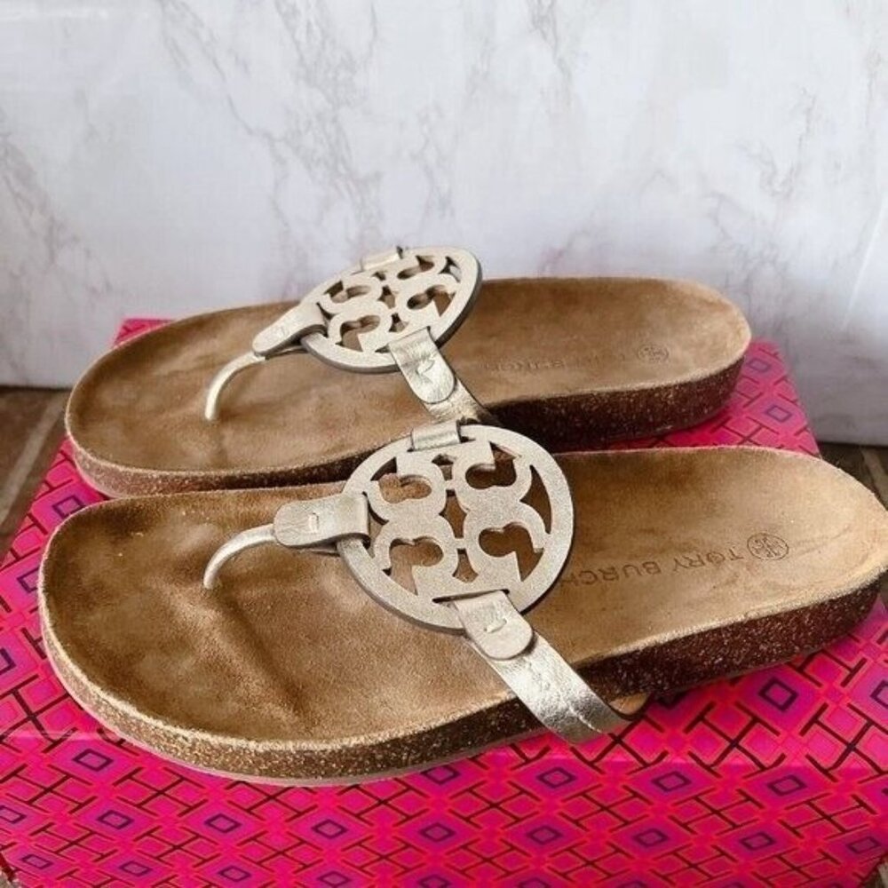 Tory Burch Miller Cloud Thong Flat Sandals Spark Gold Leather Womens US 8 - Picture 3 of 8